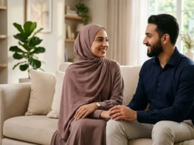 can wife refuse husband in bed islam, a couple sitting in the sofa hold their hand.