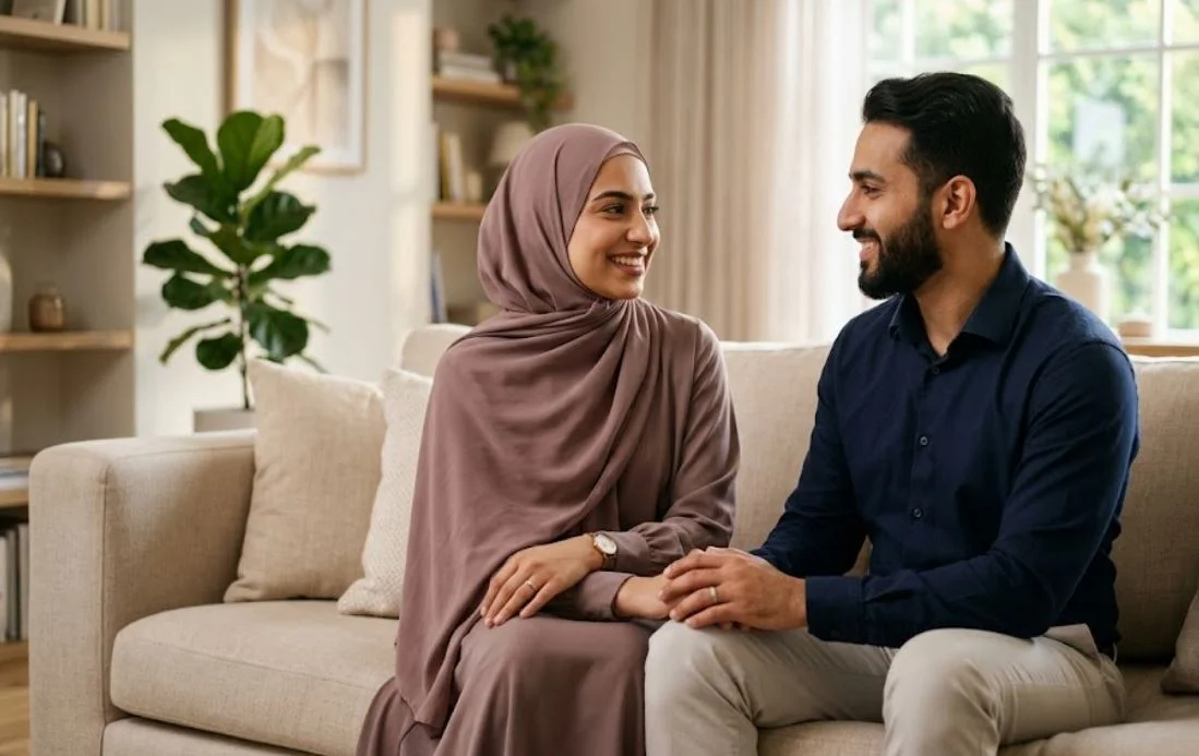 can wife refuse husband in bed islam, a couple sitting in the sofa hold their hand.