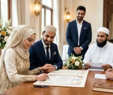 A Muslim bride and groom signing an ornate Islamic Nikkah contract at a wedding table surrounded by family witnesses and an Imam.