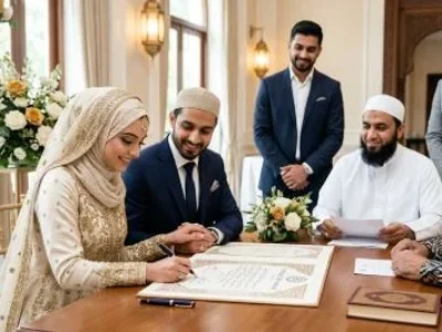 A Muslim bride and groom signing an ornate Islamic Nikkah contract at a wedding table surrounded by family witnesses and an Imam.