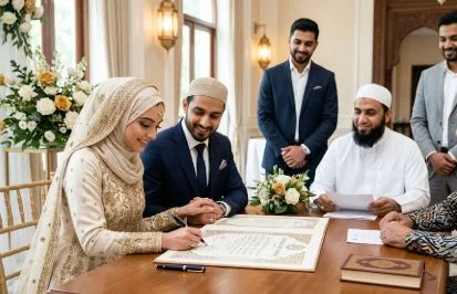A Muslim bride and groom signing an ornate Islamic Nikkah contract at a wedding table surrounded by family witnesses and an Imam.