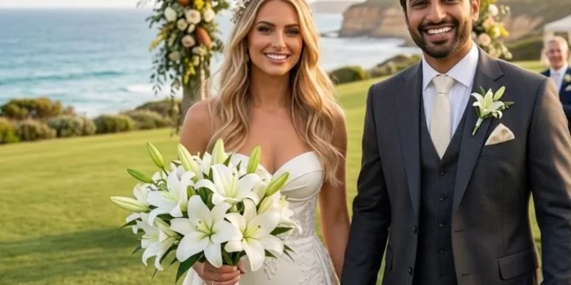 A smiling bride and groom holding hands at an outdoor coastal wedding, with the bride holding a large bouquet of white lilies.