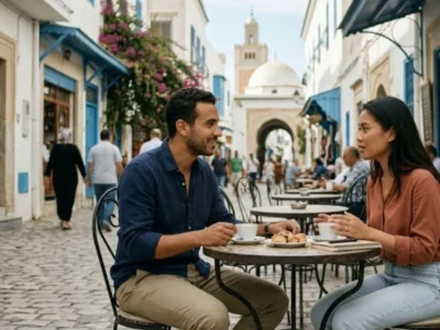 Dating a Tunisian Man'A Muslim couple engaging in respectful, open communication for halal matchmaking.