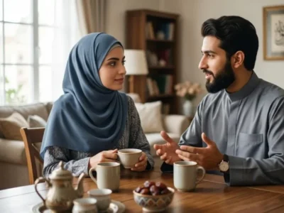 Alt Text: A young Muslim couple sitting together at a wooden table in a warm, cozy home, engaging in a supportive and deep conversation over tea and dates, symbolizing emotional connection and healthy communication in an Islamic marriage.