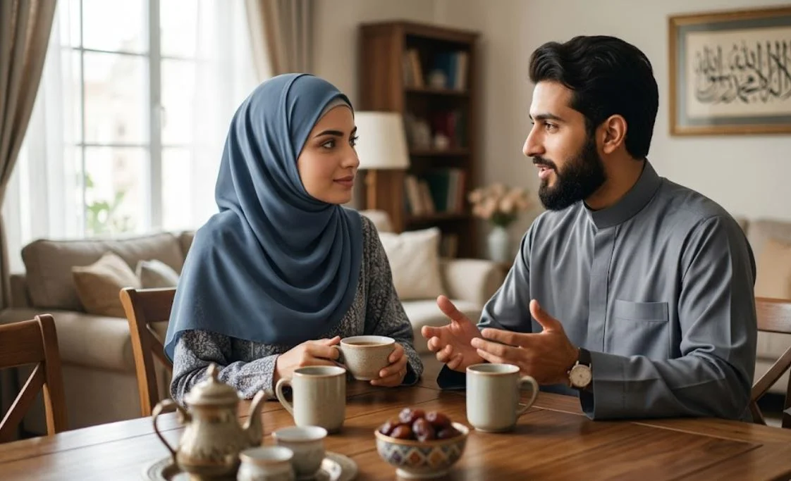 Alt Text: A young Muslim couple sitting together at a wooden table in a warm, cozy home, engaging in a supportive and deep conversation over tea and dates, symbolizing emotional connection and healthy communication in an Islamic marriage.