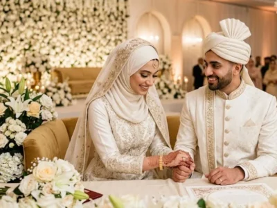 A newly married Muslim couple smiling warmly at their luxury Nikkah ceremony in a beautifully decorated hall. The bride wears an elegant, heavily embroidered off-white gown and a lace hijab with delicate gold henna on her hands. The groom, in a matching off-white sherwani and traditional turban, holds her hand gently at a table decorated with white roses and the marriage contract.