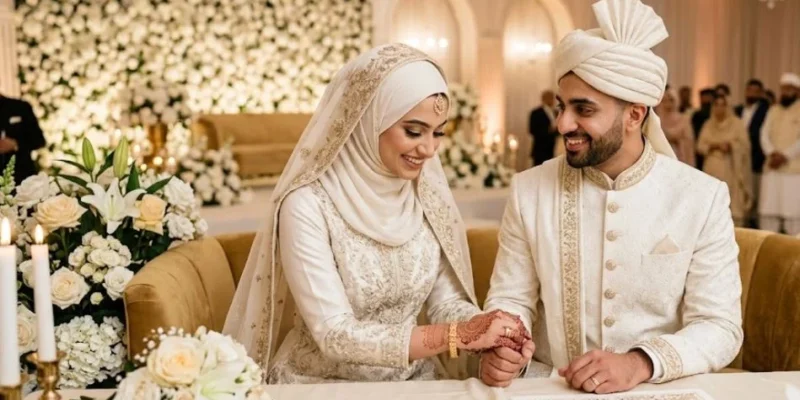 A newly married Muslim couple smiling warmly at their luxury Nikkah ceremony in a beautifully decorated hall. The bride wears an elegant, heavily embroidered off-white gown and a lace hijab with delicate gold henna on her hands. The groom, in a matching off-white sherwani and traditional turban, holds her hand gently at a table decorated with white roses and the marriage contract.