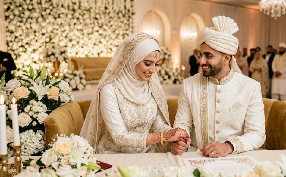 A newly married Muslim couple smiling warmly at their luxury Nikkah ceremony in a beautifully decorated hall. The bride wears an elegant, heavily embroidered off-white gown and a lace hijab with delicate gold henna on her hands. The groom, in a matching off-white sherwani and traditional turban, holds her hand gently at a table decorated with white roses and the marriage contract.