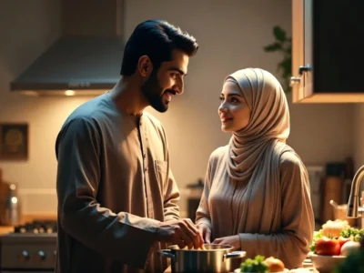 Loving Muslim husband helping his wife in the kitchen, smiling together while cooking – representing strong communication and partnership in Islamic marriage