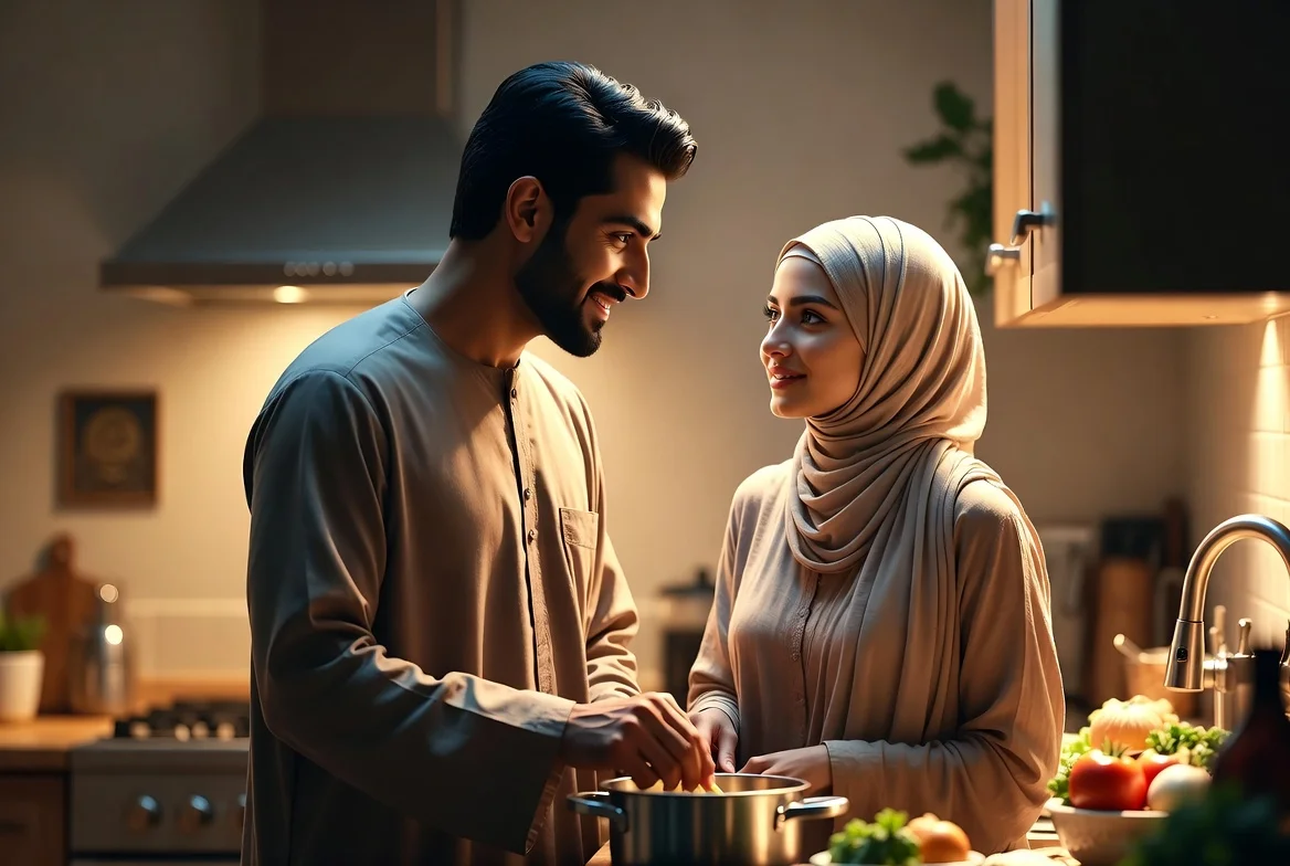 Loving Muslim husband helping his wife in the kitchen, smiling together while cooking – representing strong communication and partnership in Islamic marriage