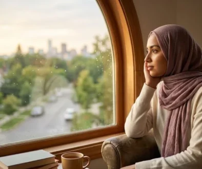 A young Muslim woman in a mauve hijab sitting thoughtfully by a large arched wooden window, looking out at a soft city skyline at dusk with a cup of tea and books beside her.