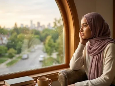 A young Muslim woman in a mauve hijab sitting thoughtfully by a large arched wooden window, looking out at a soft city skyline at dusk with a cup of tea and books beside her.