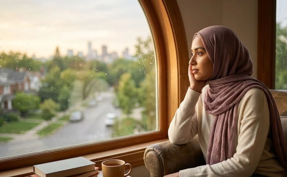 A young Muslim woman in a mauve hijab sitting thoughtfully by a large arched wooden window, looking out at a soft city skyline at dusk with a cup of tea and books beside her.