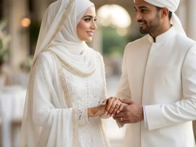 An elegant Muslim couple smiling warmly at each other while holding hands in a bright, luxury outdoor setting. The bride wears a sophisticated, heavily embroidered white bridal dress with a matching hijab and delicate henna on her hand, while the groom wears a tailored white sherwani and traditional turban.