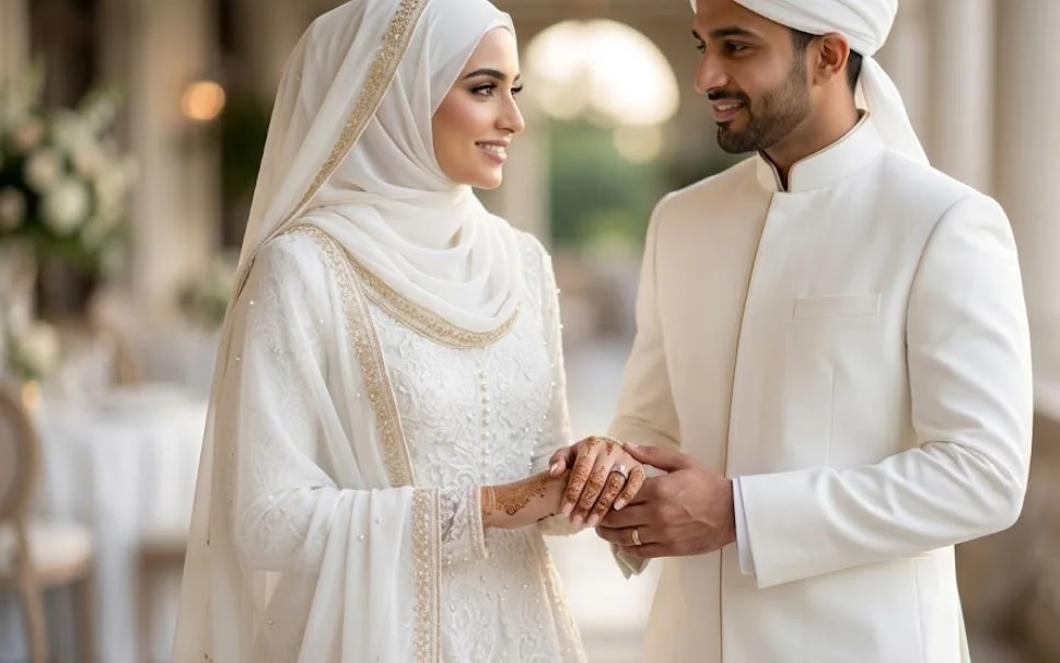 An elegant Muslim couple smiling warmly at each other while holding hands in a bright, luxury outdoor setting. The bride wears a sophisticated, heavily embroidered white bridal dress with a matching hijab and delicate henna on her hand, while the groom wears a tailored white sherwani and traditional turban.