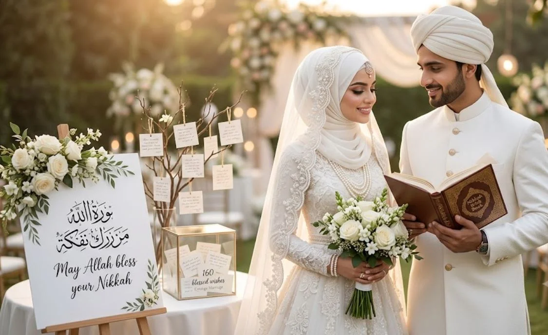 A luxury Muslim bride and groom in elegant white wedding attire standing together at an outdoor Nikkah reception. The groom holds an Islamic book while the bride holds a bouquet of white roses next to a decorative marriage wishes station featuring a sign that reads "May Allah bless your Nikkah".