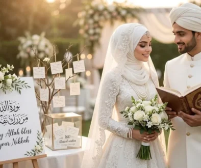 A luxury Muslim bride and groom in elegant white wedding attire standing together at an outdoor Nikkah reception. The groom holds an Islamic book while the bride holds a bouquet of white roses next to a decorative marriage wishes station featuring a sign that reads "May Allah bless your Nikkah".