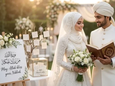 A luxury Muslim bride and groom in elegant white wedding attire standing together at an outdoor Nikkah reception. The groom holds an Islamic book while the bride holds a bouquet of white roses next to a decorative marriage wishes station featuring a sign that reads "May Allah bless your Nikkah".