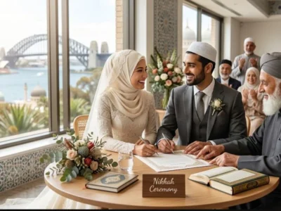 Muslim bride and groom signing Nikkah marriage contract in Sydney Australia with Imam and family