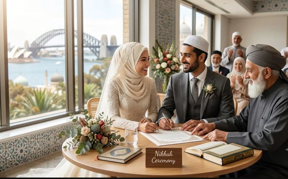 Muslim bride and groom signing Nikkah marriage contract in Sydney Australia with Imam and family