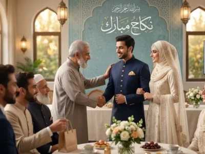 Muslim bride and groom receiving warm Islamic marriage greetings and congratulations from family during a Nikkah ceremony.