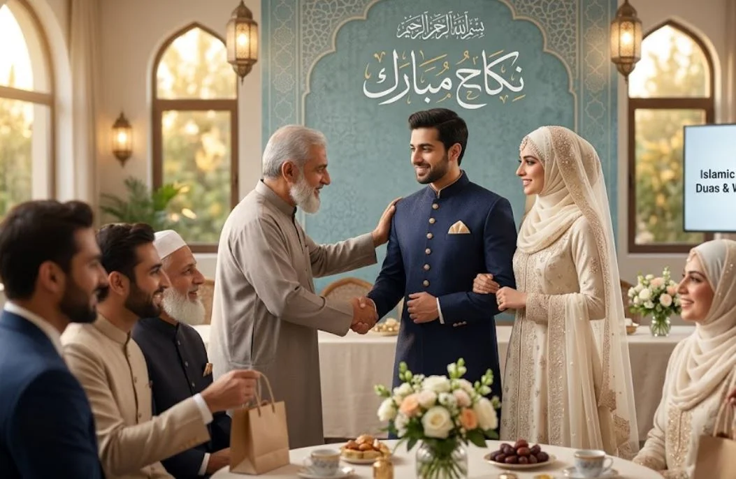 Muslim bride and groom receiving warm Islamic marriage greetings and congratulations from family during a Nikkah ceremony.