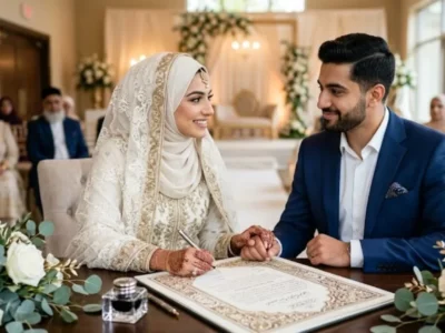 A Muslim couple sitting together at their Nikkah ceremony signing the marriage contract, illustrating love, affection, and mercy in Islamic matrimony.