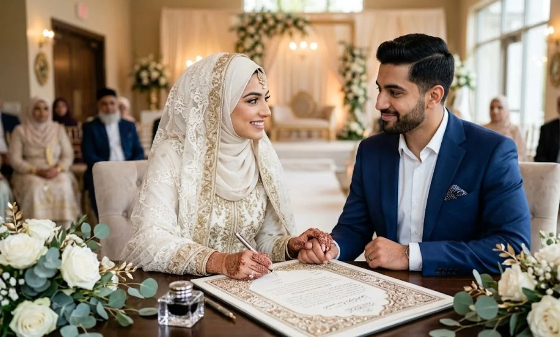 A Muslim couple sitting together at their Nikkah ceremony signing the marriage contract, illustrating love, affection, and mercy in Islamic matrimony.