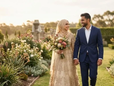 An Australian Muslim bridal couple smiling and walking hand-in-hand through a beautiful garden after their Nikkah ceremony.