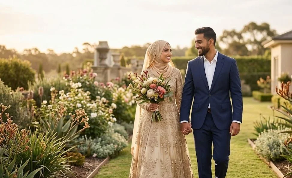 An Australian Muslim bridal couple smiling and walking hand-in-hand through a beautiful garden after their Nikkah ceremony.