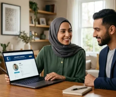 Muslim husband and wife browsing verified Nikkah profiles together on Errange Marriage website.