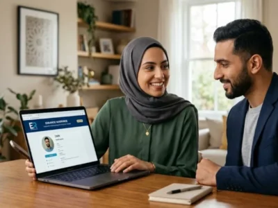 Muslim husband and wife browsing verified Nikkah profiles together on Errange Marriage website.