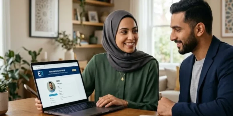 Muslim husband and wife browsing verified Nikkah profiles together on Errange Marriage website.