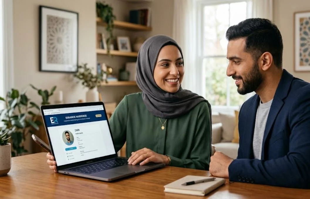 Muslim husband and wife browsing verified Nikkah profiles together on Errange Marriage website.