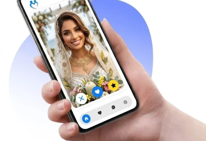 A hand holding a smartphone displaying a Muslim Australian bridal profile on a dating or matchmaking app interface.