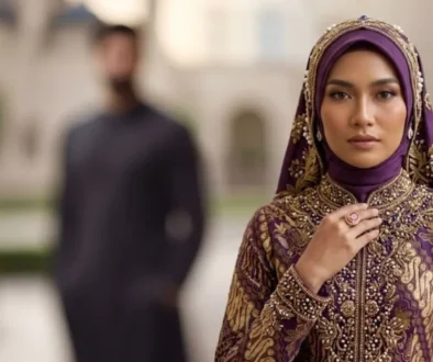 A beautifully adorned Indonesian woman in a purple and gold luxury dress looks intensely at the camera, considering the signs he is serious about marrying you, with a blurred suitor behind her.