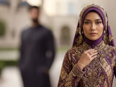 A beautifully adorned Indonesian woman in a purple and gold luxury dress looks intensely at the camera, considering the signs he is serious about marrying you, with a blurred suitor behind her.