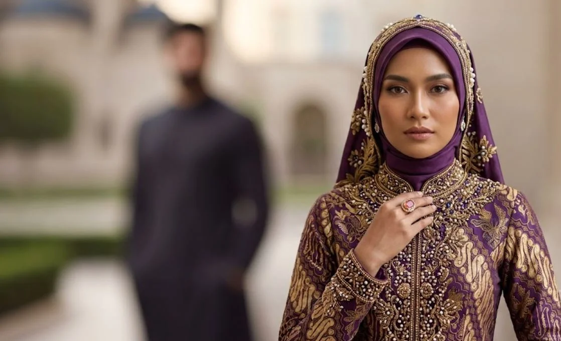 A beautifully adorned Indonesian woman in a purple and gold luxury dress looks intensely at the camera, considering the signs he is serious about marrying you, with a blurred suitor behind her.