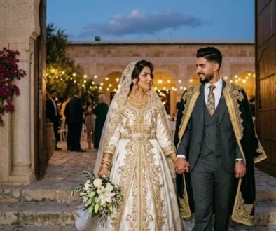 A luxurious photograph of a newly married Tunisian couple smiling as they walk hand-in-hand through an elegantly decorated luxury hotel entrance at dusk. The bride wears a lavishly embroidered white and gold traditional Tunisian gown and a flowing veil, holding a bouquet, while the groom wears a tailored dark suit and an embroidered burnous cape over his shoulders.