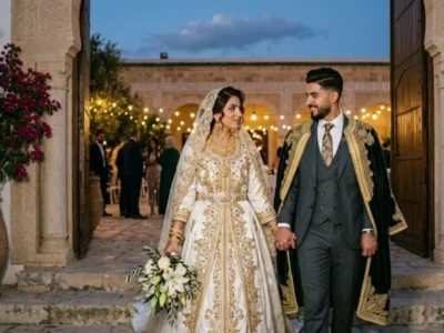 A luxurious photograph of a newly married Tunisian couple smiling as they walk hand-in-hand through an elegantly decorated luxury hotel entrance at dusk. The bride wears a lavishly embroidered white and gold traditional Tunisian gown and a flowing veil, holding a bouquet, while the groom wears a tailored dark suit and an embroidered burnous cape over his shoulders.