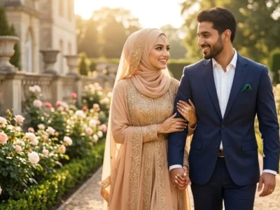A smiling, elegant Muslim couple holding hands and walking along a beautiful garden path outside a luxury estate. The woman wears a sophisticated champagne-gold embroidered bridal gown with a matching hijab, and the man wears a tailored navy blue suit with a crisp white shirt.