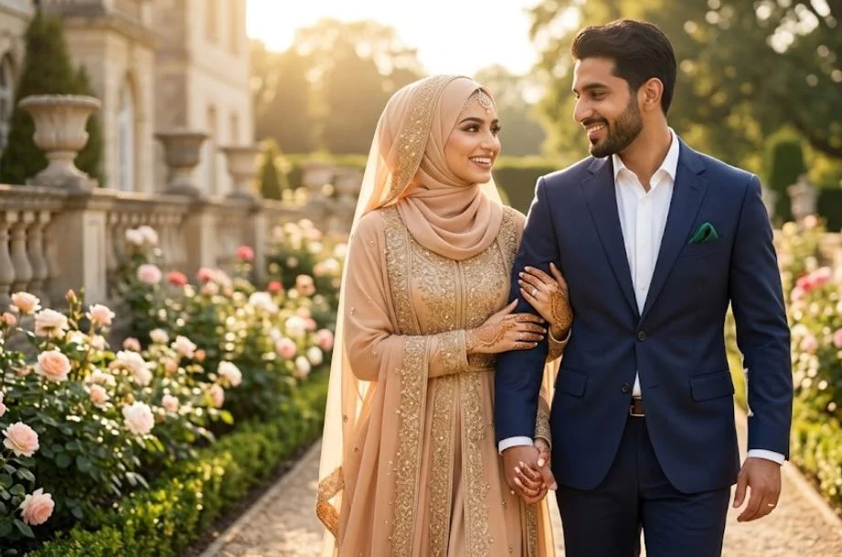 A smiling, elegant Muslim couple holding hands and walking along a beautiful garden path outside a luxury estate. The woman wears a sophisticated champagne-gold embroidered bridal gown with a matching hijab, and the man wears a tailored navy blue suit with a crisp white shirt.