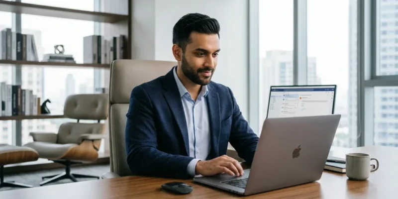 a muslim boy search muslim marriage app on his laptop.