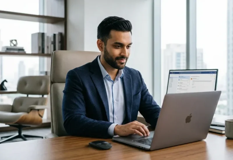 a muslim boy search muslim marriage app on his laptop.