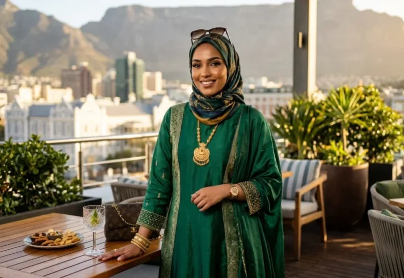 a muslim girl looks happily at camera.