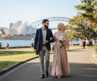 Find a Muslim bride or groom walking together in Sydney, Australia near the Sydney Opera House and Harbour Bridge, representing halal matchmaking on Errange Marriage.