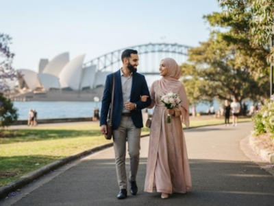 Find a Muslim bride or groom walking together in Sydney, Australia near the Sydney Opera House and Harbour Bridge, representing halal matchmaking on Errange Marriage.
