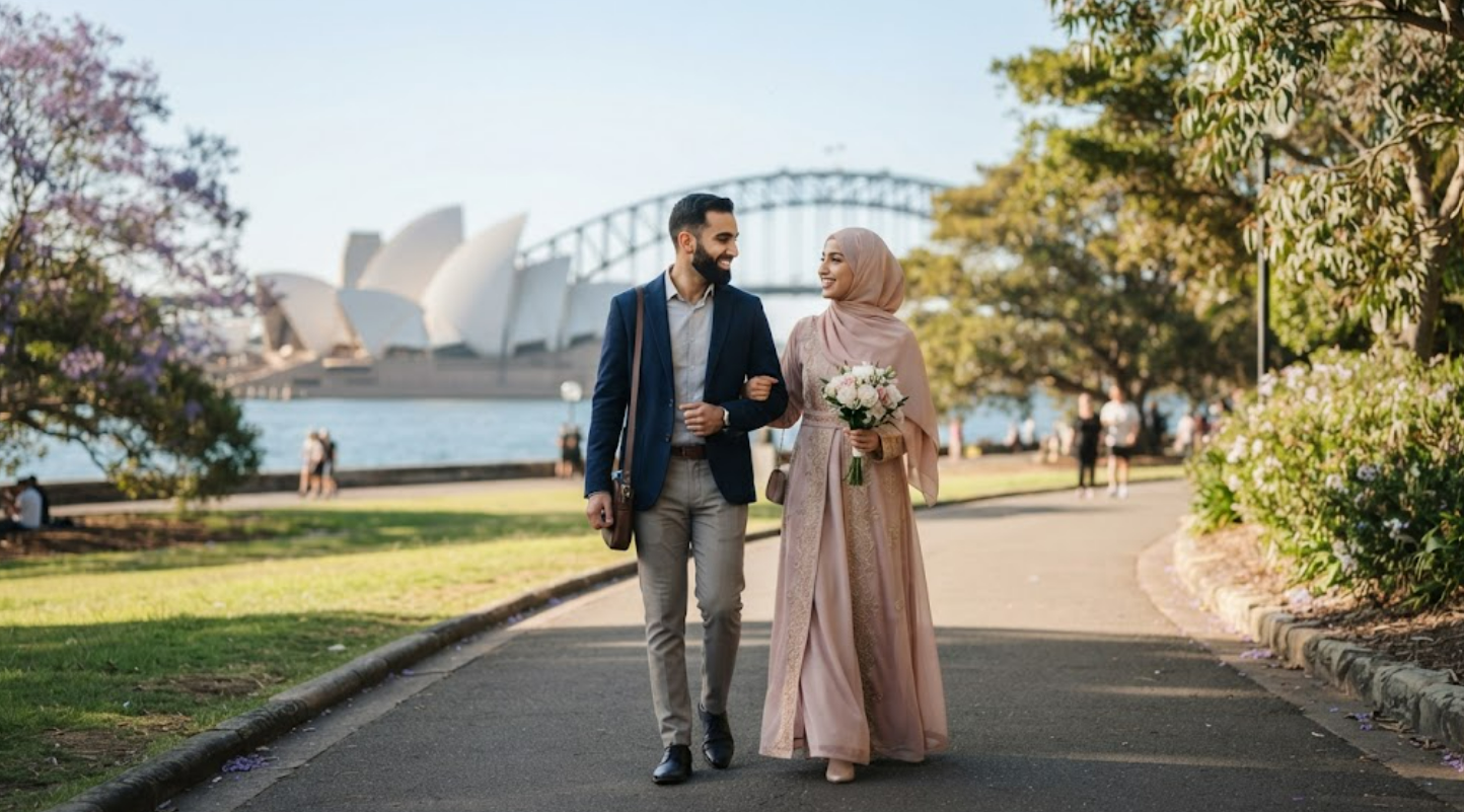Find a Muslim bride or groom walking together in Sydney, Australia near the Sydney Opera House and Harbour Bridge, representing halal matchmaking on Errange Marriage.