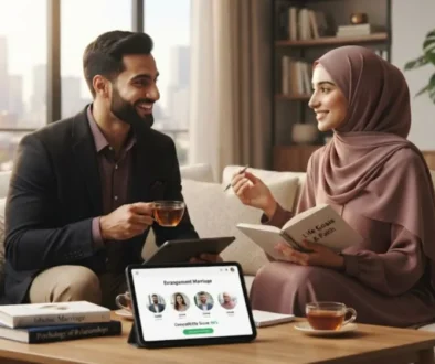 A professional Muslim man and woman sitting together in a warm, modern living room, smiling and discussing marriage compatibility while holding a notebook and tea cups, with a tablet on the coffee table displaying the Errange Marriage matching platform interface.