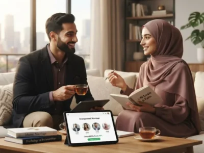 A professional Muslim man and woman sitting together in a warm, modern living room, smiling and discussing marriage compatibility while holding a notebook and tea cups, with a tablet on the coffee table displaying the Errange Marriage matching platform interface.